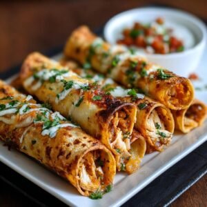 Gros plan sur des Croustillants Taquitos au Poulet servis sur une assiette blanche, garnis de fromage fondu et de persil frais.