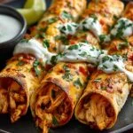 Gros plan sur des Croustillants Taquitos au Poulet dorés et garnis de fromage, de crème aigre et de persil.