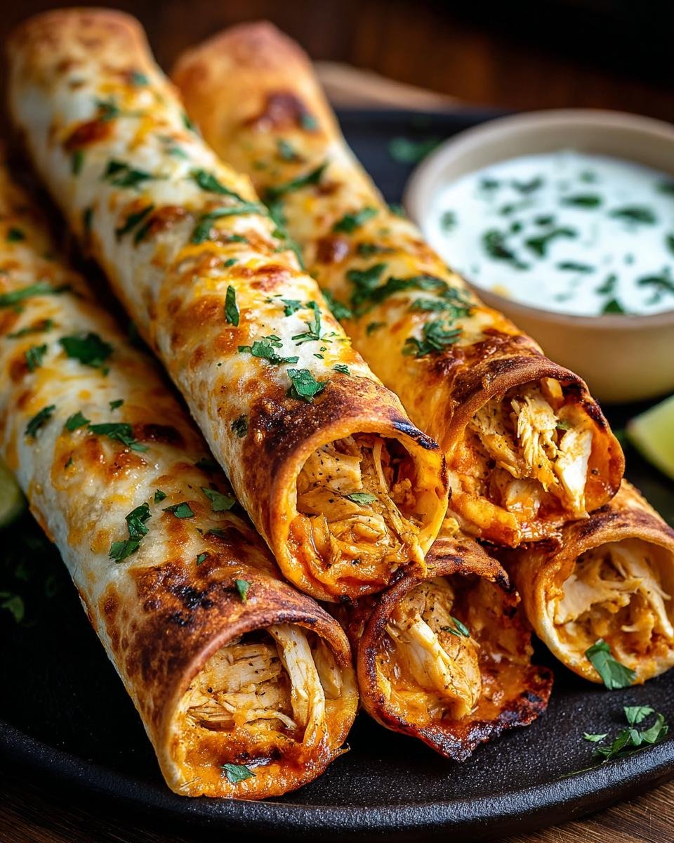 Gros plan sur des Croustillants Taquitos au Poulet dorés, garnis de fromage et de persil frais, servis avec une sauce crémeuse.