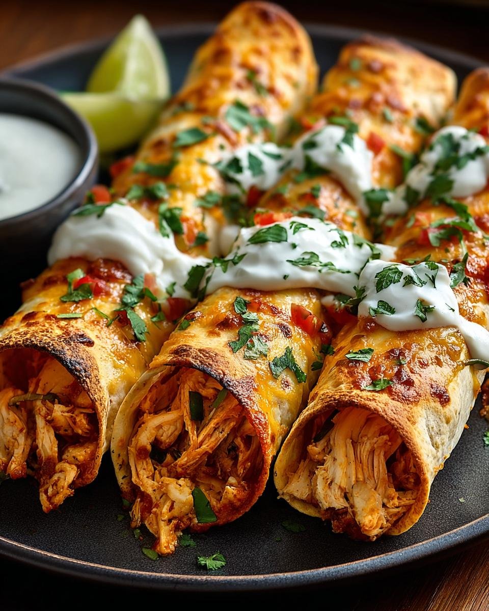 Gros plan sur des Croustillants Taquitos au Poulet dorés et garnis de fromage, de crème aigre et de persil.