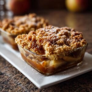 Gros plan d'un crumble aux pommes et caramel salé individuel dans un ramequin en verre, saupoudré de sucre glace.