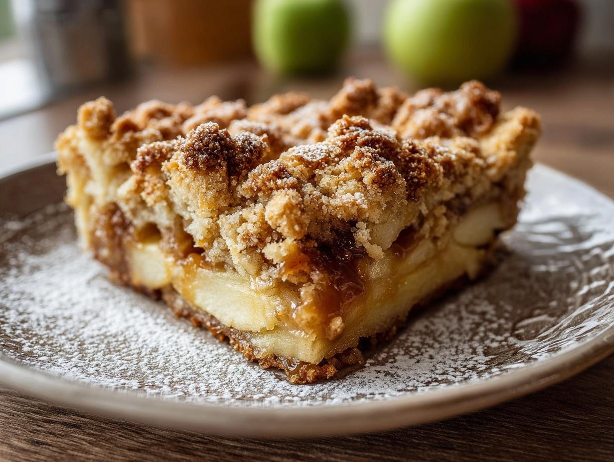 Gros plan d'une part de crumble aux pommes et caramel salé, saupoudrée de sucre glace.