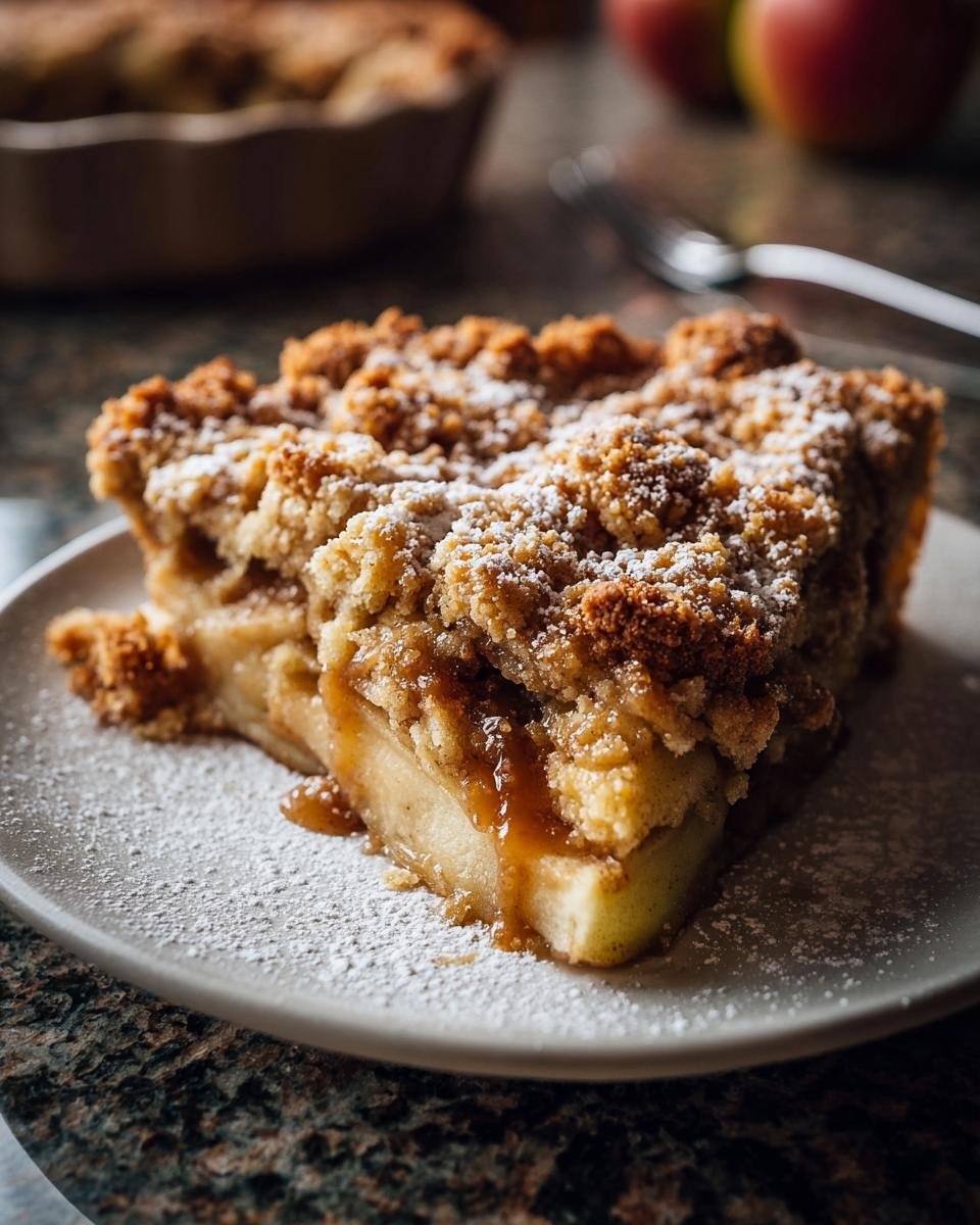 Gros plan sur une part de crumble aux pommes et caramel salé, saupoudrée de sucre glace.