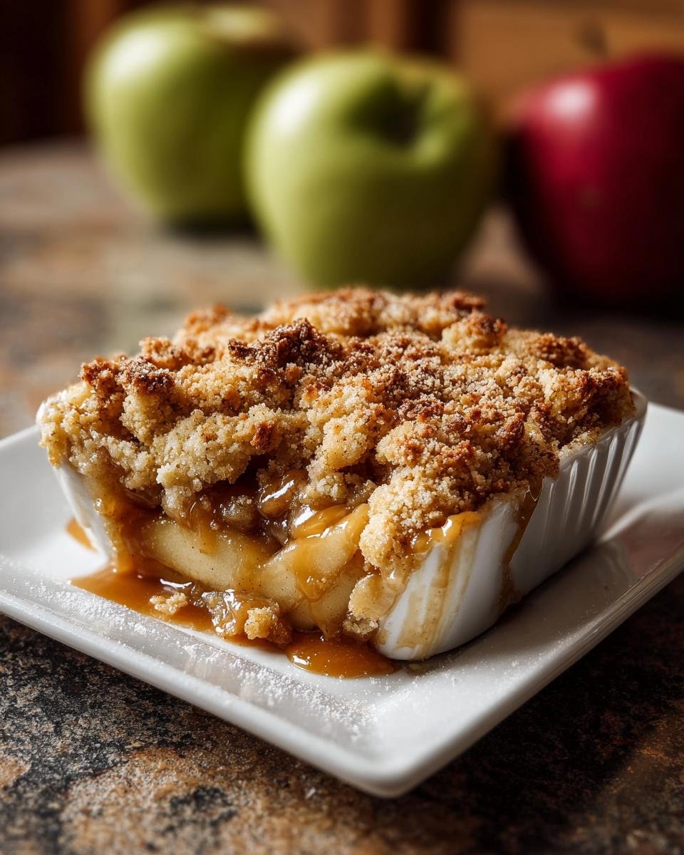 Gros plan sur un crumble aux pommes et caramel salé coulant dans un ramequin blanc.