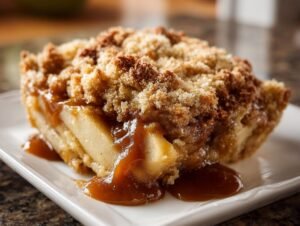 Gros plan d'une tranche de crumble aux pommes et caramel salé, avec le caramel dégoulinant.