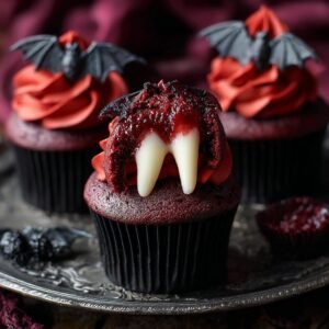 Gros plan sur des cupcakes Morsure de Vampire Halloween avec glaçage rouge sang et fausses dents.