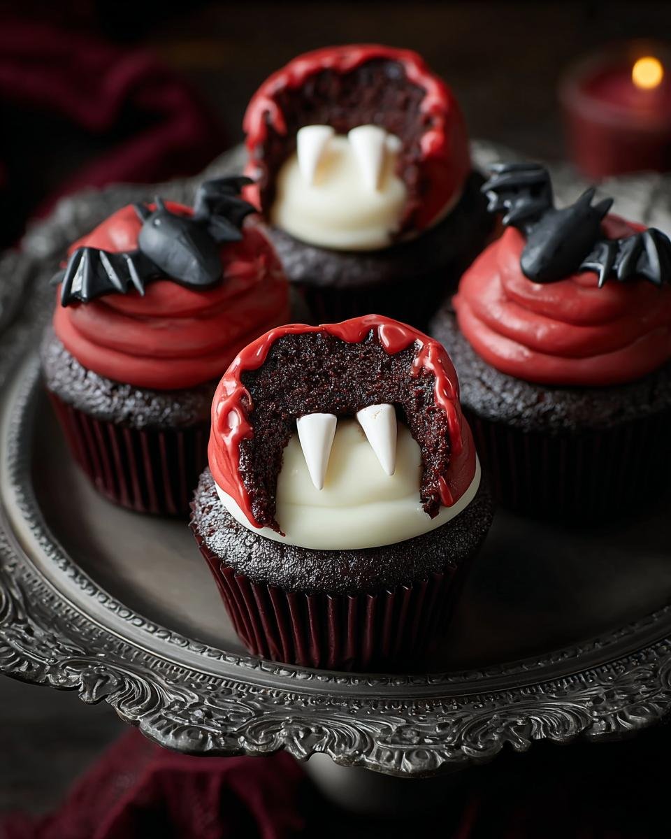 Gros plan de cupcakes Morsure de Vampire Halloween avec glaçage rouge sang et fausses dents.