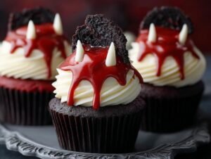 Gros plan de cupcakes Morsure de Vampire Halloween avec glaçage blanc, glaçage rouge sang et fausses dents.