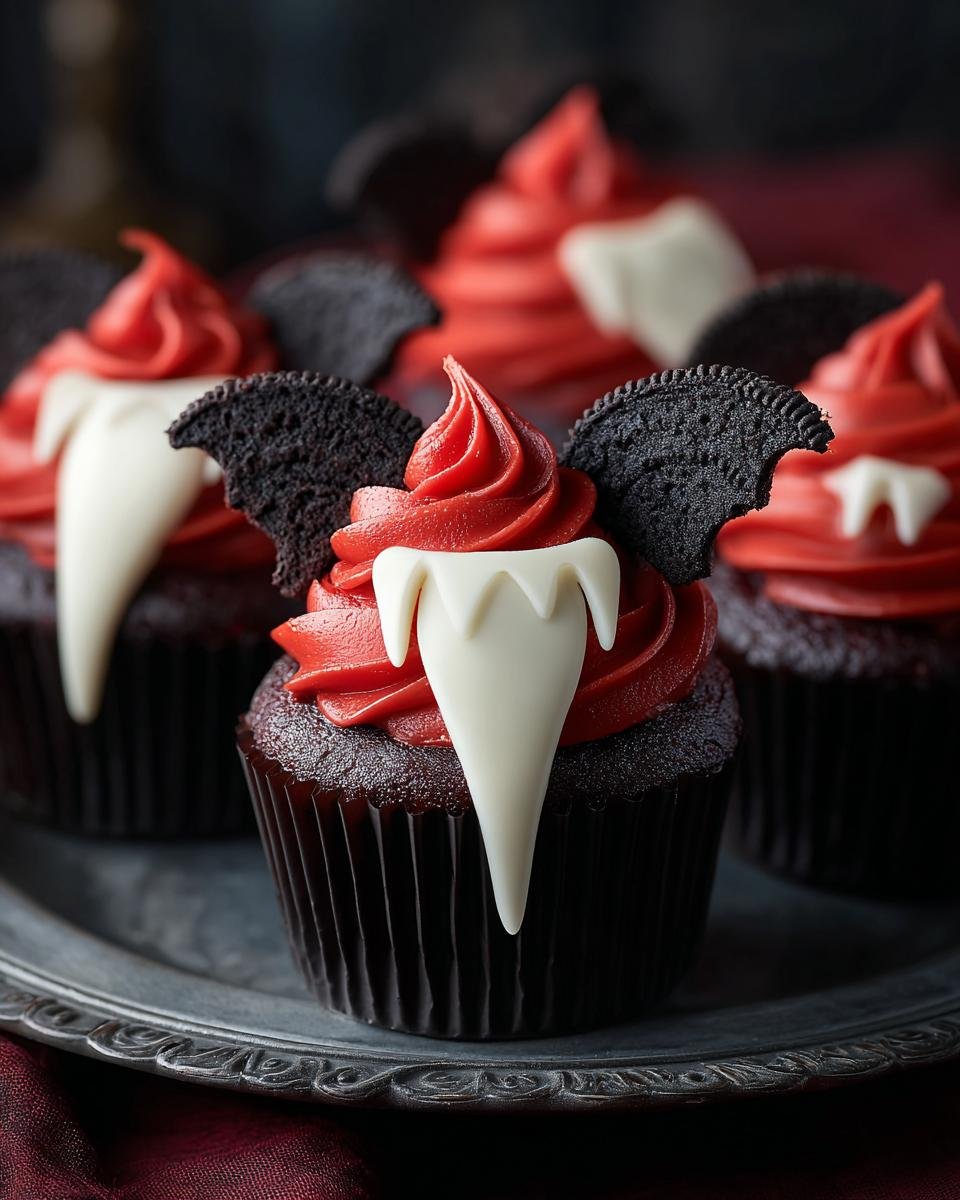 Gros plan de cupcakes Morsure de Vampire Halloween avec glaçage rouge, fausses dents et ailes d'Oreo.