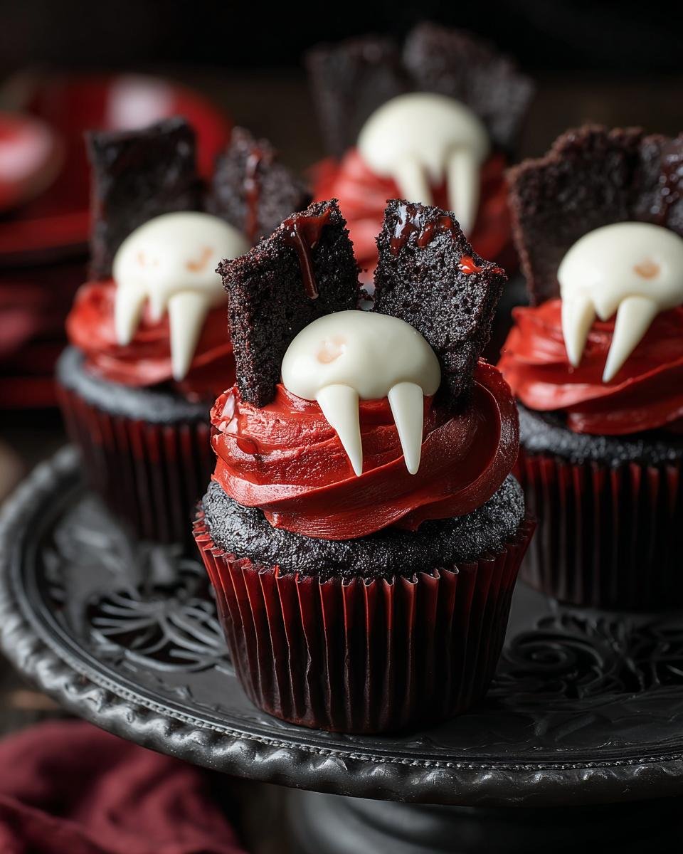 Gros plan sur des cupcakes Morsure de Vampire Halloween avec glaçage rouge sang et fausses dents.
