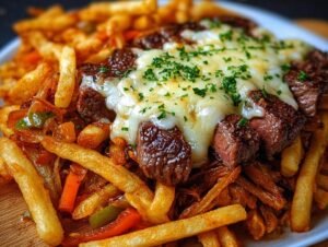 Gros plan de frites au fromage et steak, garnies de persil frais.