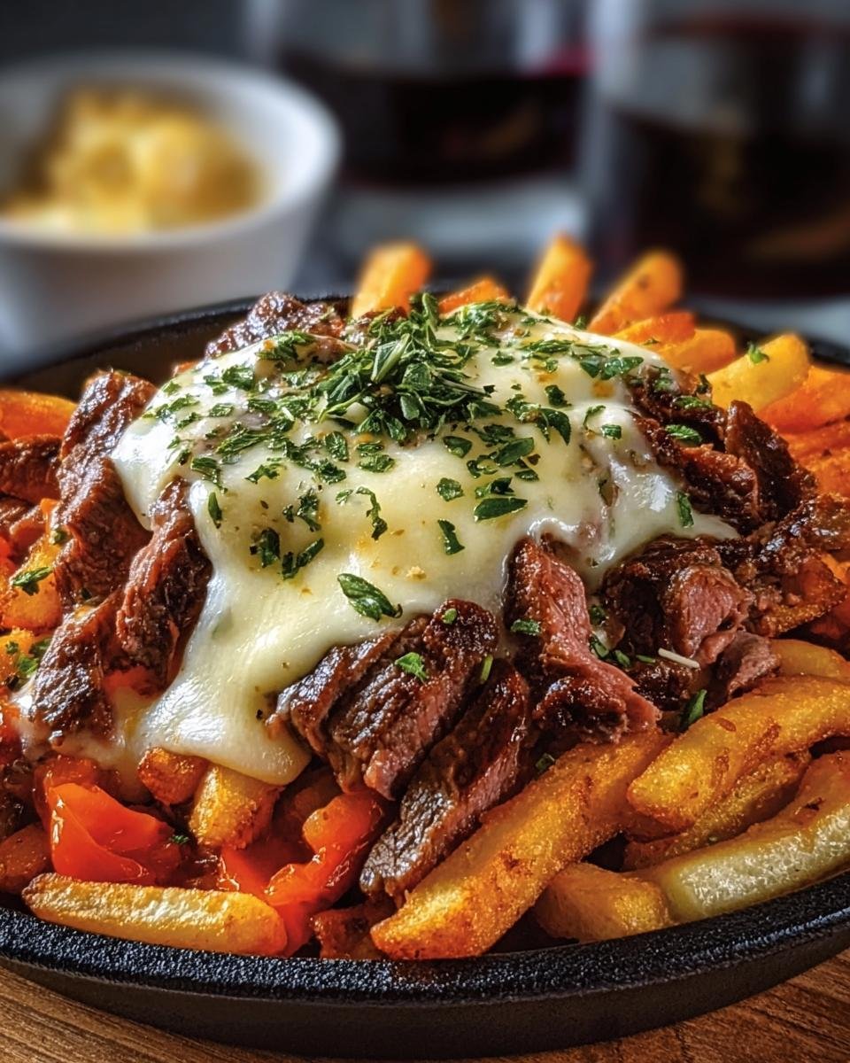Frites fromage steak: 600 calories gourmandes 1 Gros plan de frites au fromage et steak, garnies d'herbes fraîches.
