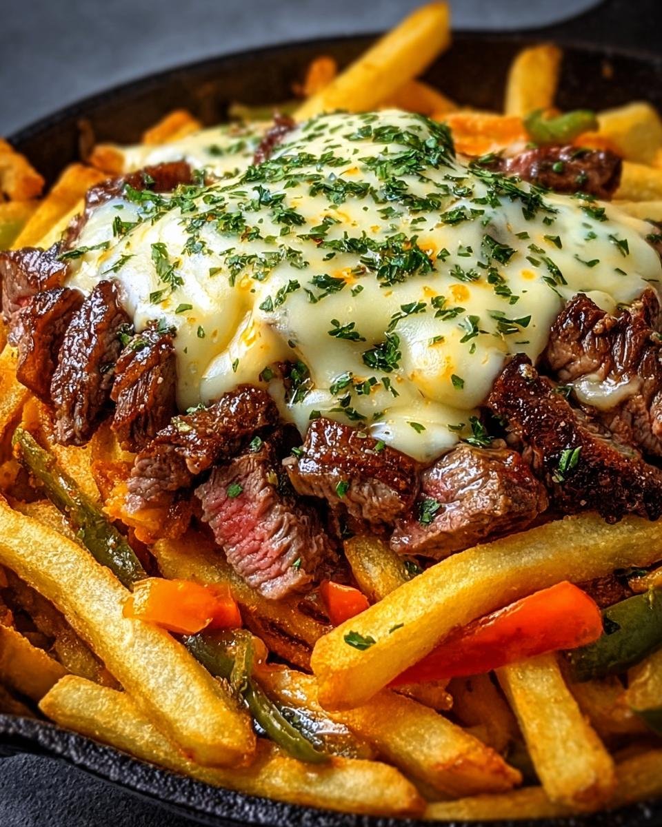 Frites fromage steak: 600 calories gourmandes 3 Gros plan de frites au fromage et steak, garnies de persil frais, dans une poêle.