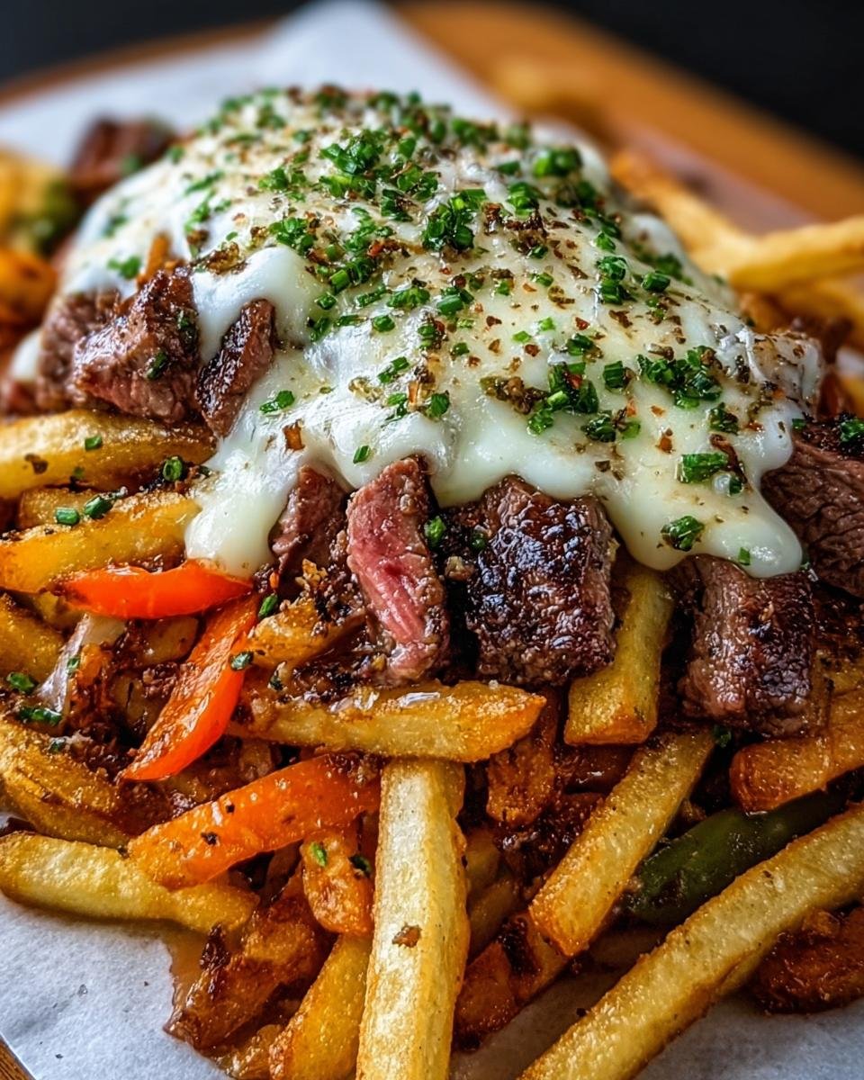 Frites fromage steak: 600 calories gourmandes 4 Gros plan de frites au fromage et steak, garnies de ciboulette et de poivre.