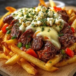 Gros plan de frites au fromage et steak, garnies de fromage fondu, de morceaux de bœuf et d'herbes fraîches.