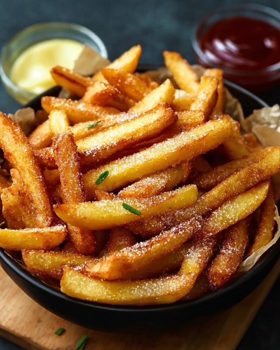 Frites de pommes : 15 min pour un croustillant divin 3 Gros plan sur un bol de frites de pommes croustillantes saupoudrées de sel et d'herbes, avec des sauces en arrière-plan.