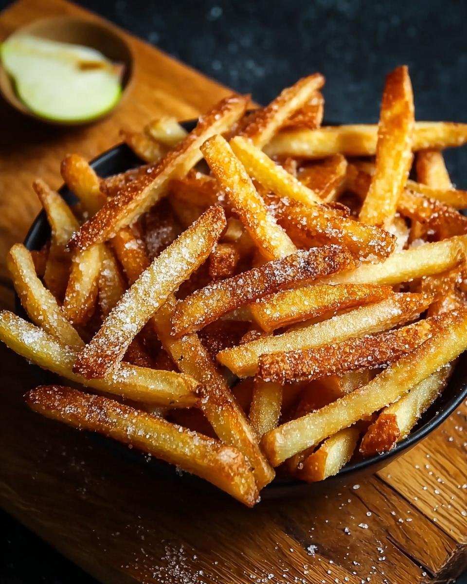 Frites de pommes : 15 min pour un croustillant divin 4 Gros plan sur des frites de pommes croustillantes saupoudrées de sucre dans un bol noir.