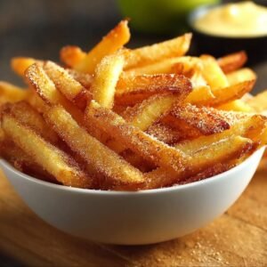 Gros plan sur un bol de frites de pommes croustillantes saupoudrées de sucre et de cannelle.