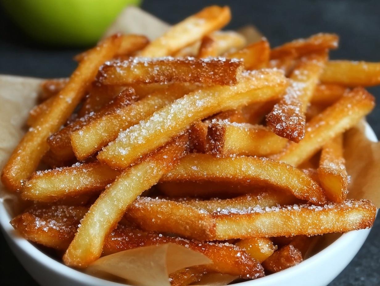 Gros plan sur des frites de pommes croustillantes saupoudrées de sucre, servies dans un bol.