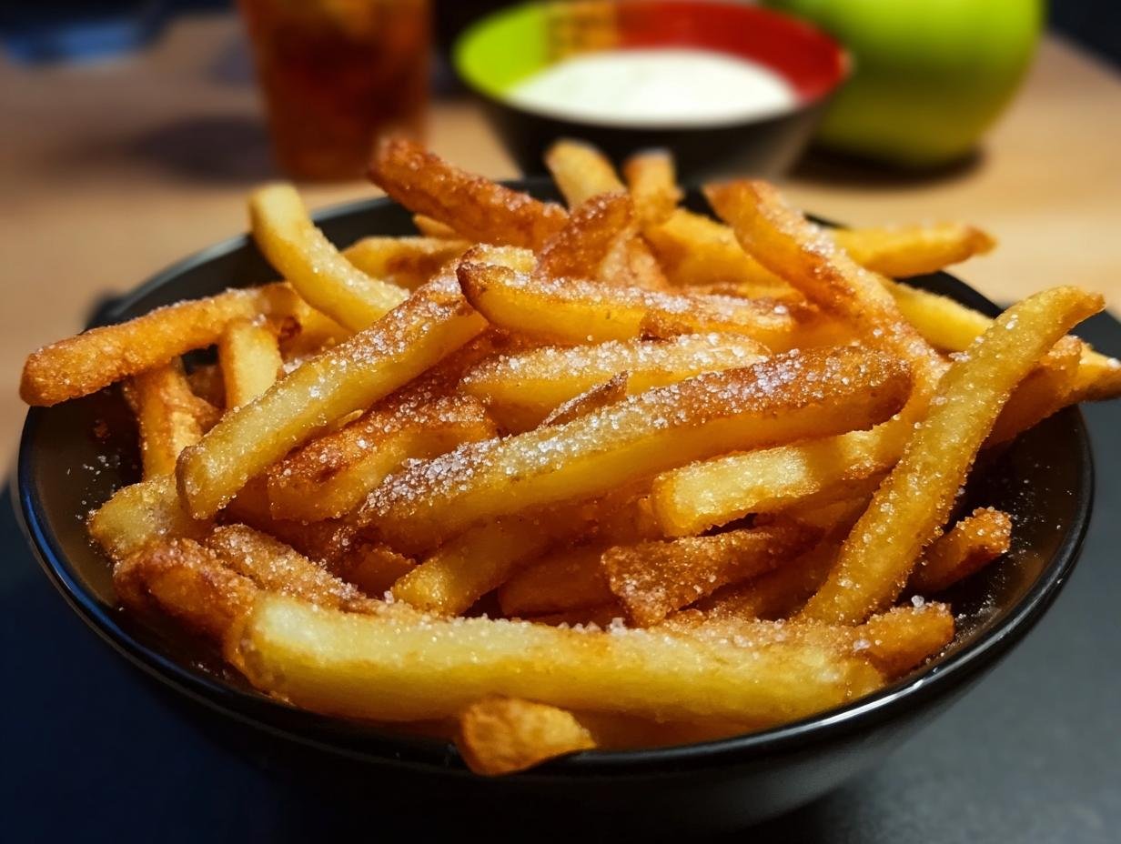 Frites de pommes : 15 min pour un croustillant divin 1 Gros plan sur un bol de frites de pommes croustillantes saupoudrées de sucre.
