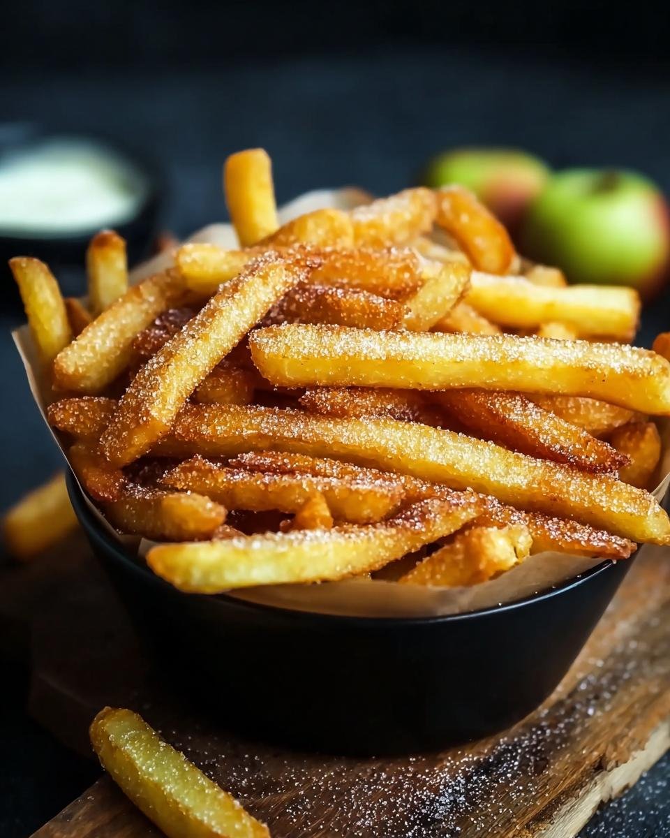 Frites de pommes : 15 min pour un croustillant divin 2 Gros plan de frites de pommes croustillantes saupoudrées de sucre dans un bol noir.
