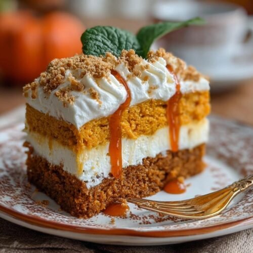 Gros plan d'une part de gâteau au potiron avec glaçage, coulis et miettes.