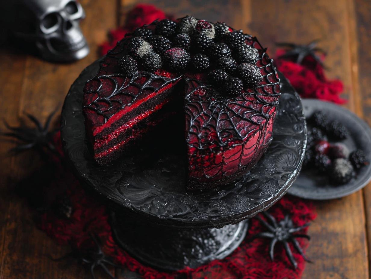 Gâteau Black Velvet d'Halloween avec glaçage rouge vif, toile d'araignée noire et mûres fraîches.