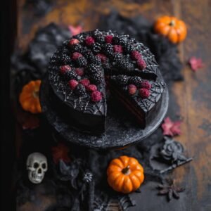 Gâteau Black Velvet d'Halloween avec glaçage noir, garni de mûres et framboises, décoré de toiles d'araignée.