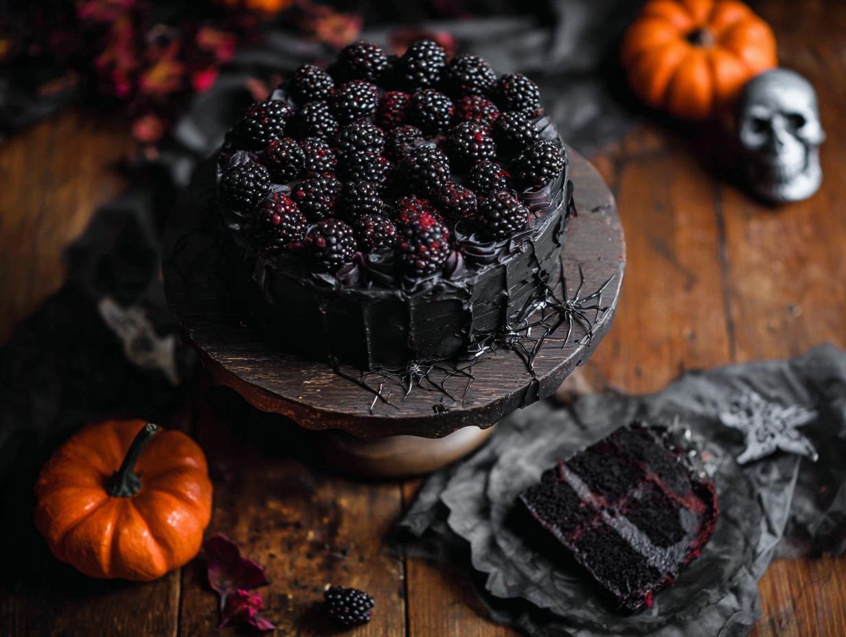 Gâteau Black Velvet d'Halloween : 1 recette spectaculaire 2 Gâteau Black Velvet d'Halloween noir, garni de mûres fraîches et de décorations d'araignées.