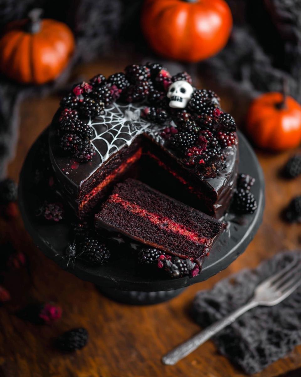 Gâteau Black Velvet d'Halloween : 1 recette spectaculaire 3 Gâteau Black Velvet d'Halloween décoré de mûres, d'une toile d'araignée et d'un crâne.