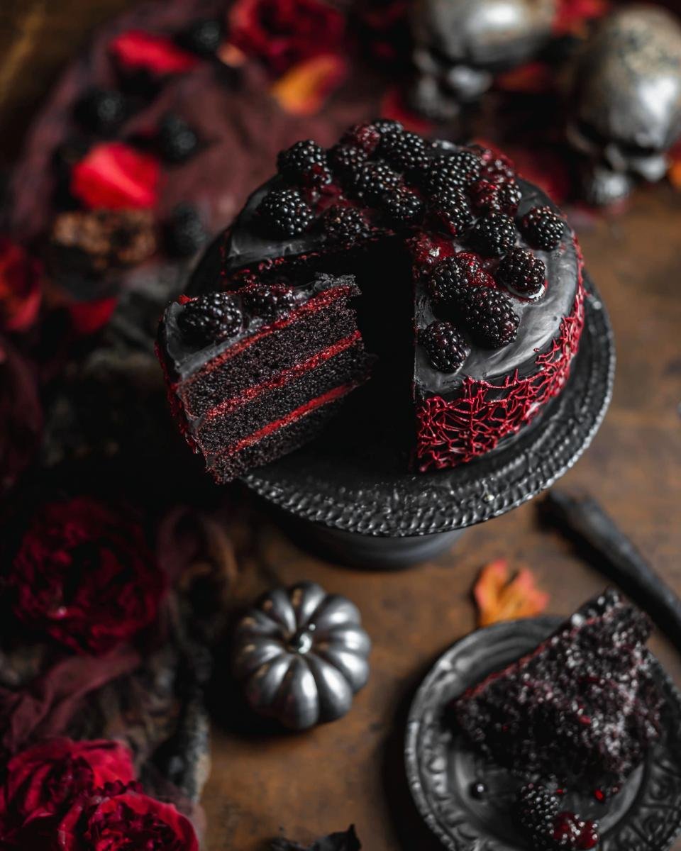Gâteau Black Velvet d'Halloween : 1 recette spectaculaire 1 Gâteau Black Velvet d'Halloween à plusieurs étages, garni de mûres et d'une décoration rouge.