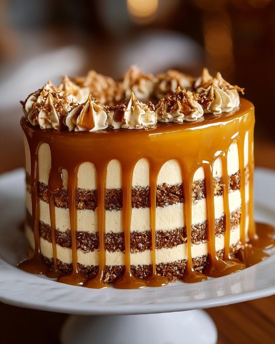 Gâteau au Café et Caramel : 1 recette sublime 1 Gâteau au café et caramel à plusieurs étages, nappé de caramel coulant et garni de crème fouettée.