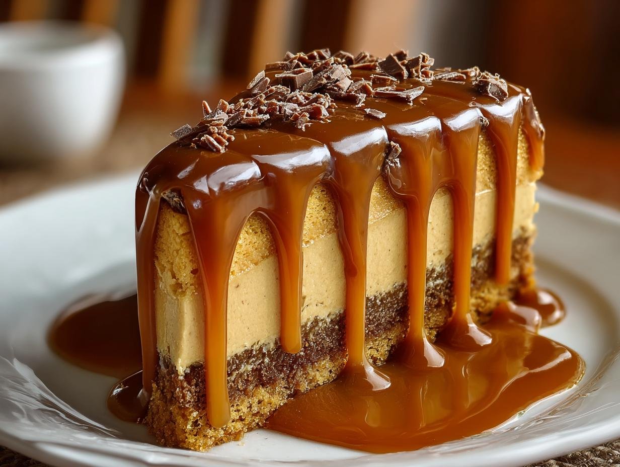 Gâteau au Café et Caramel : 1 recette sublime 3 Gros plan d'une part de gâteau au café et caramel, généreusement nappée de sauce caramel et garnie de copeaux de chocolat.