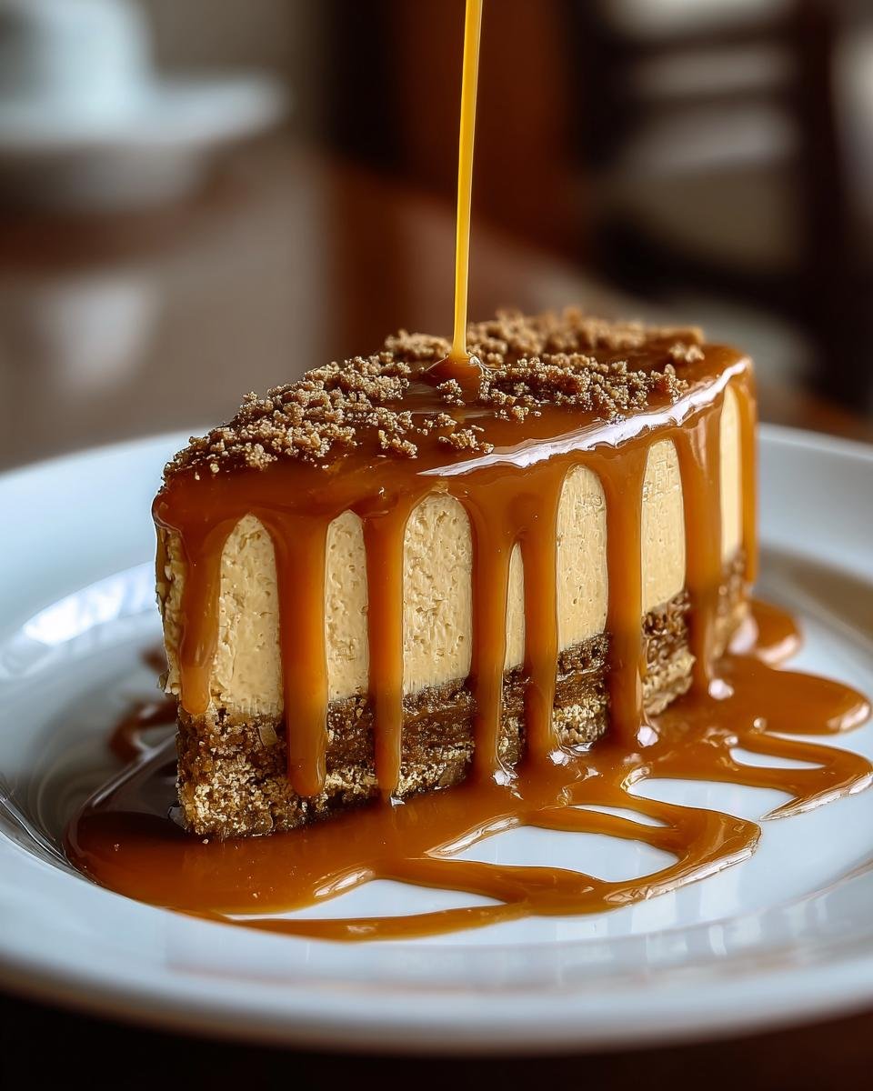 Gâteau au Café et Caramel : 1 recette sublime 4 Gros plan d'une part de gâteau au café et caramel, nappée de sauce caramel et de miettes.
