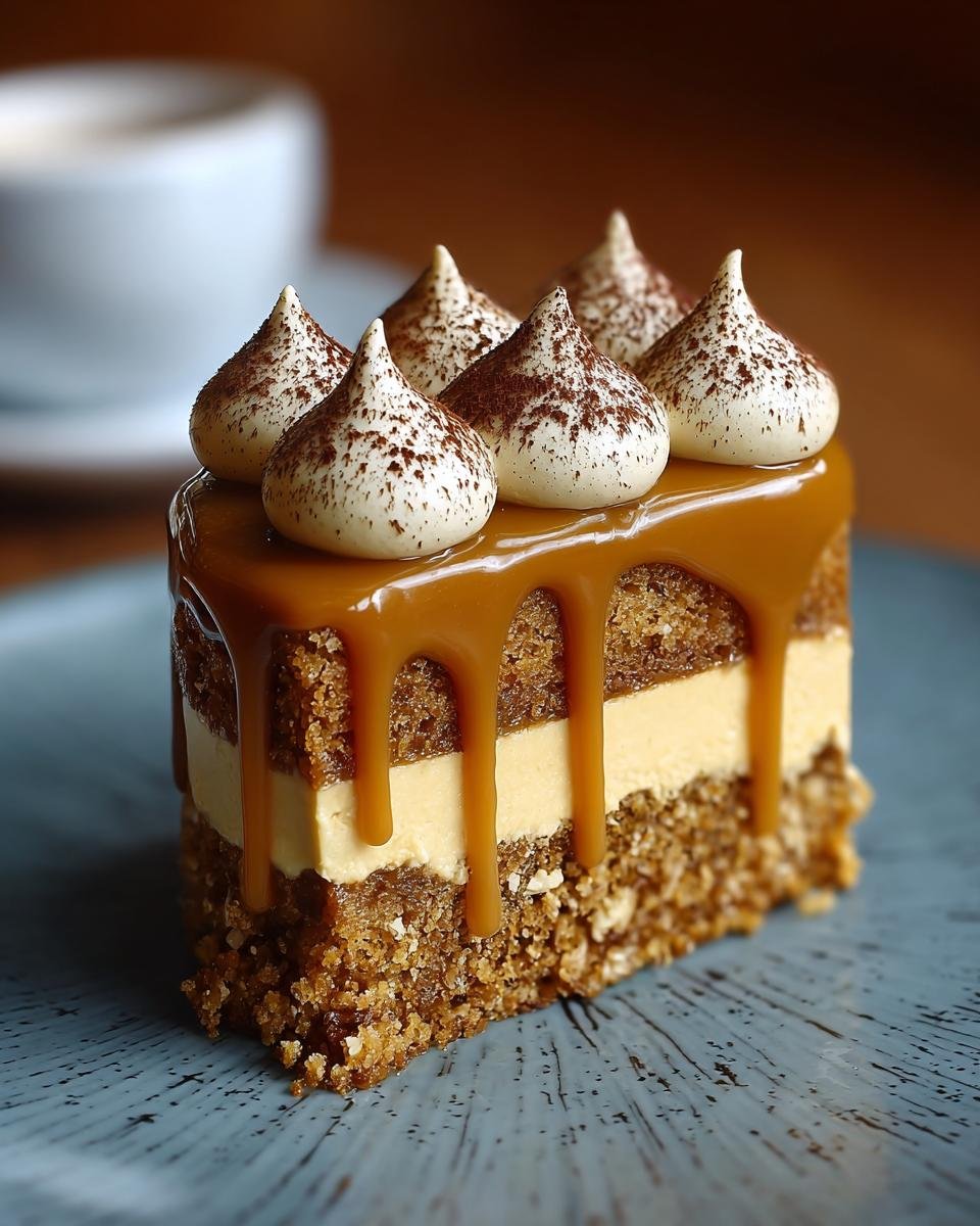 Gâteau au Café et Caramel : 1 recette sublime 2 Gros plan d'une tranche de gâteau au café et caramel, garnie de crème et de sauce caramel coulante.