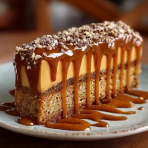 Gros plan d'une tranche de gâteau au café et caramel, généreusement nappée de caramel coulant et parsemée de noix.