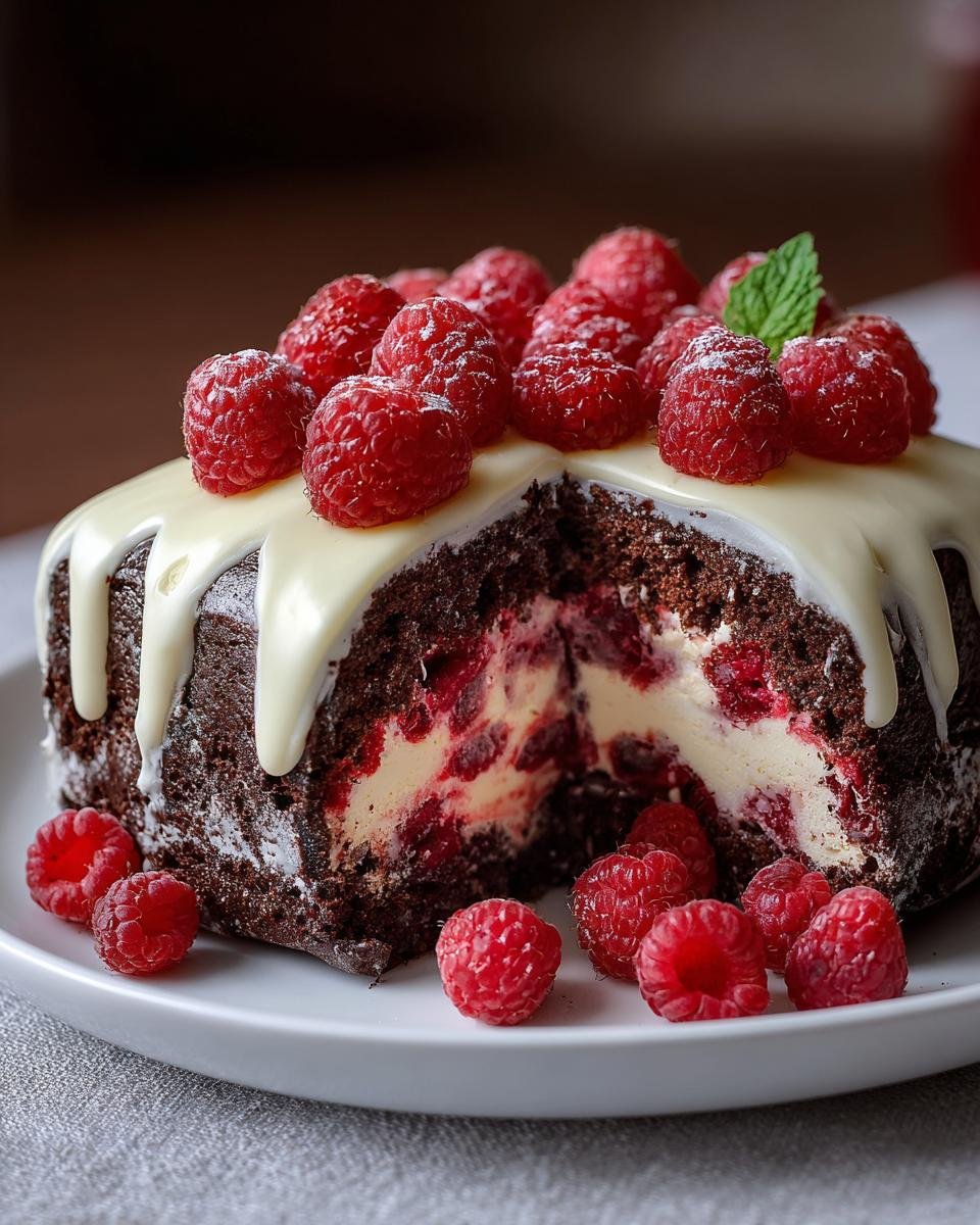 Gâteau Chocolat Blanc Framboise Facile avec une part coupée, garni de framboises fraîches et de glaçage blanc.