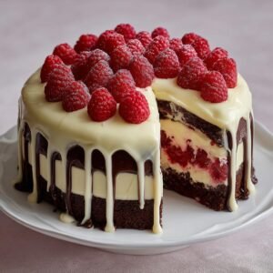 Gros plan d'une tranche de gâteau chocolat blanc framboise facile, garnie de framboises fraîches.