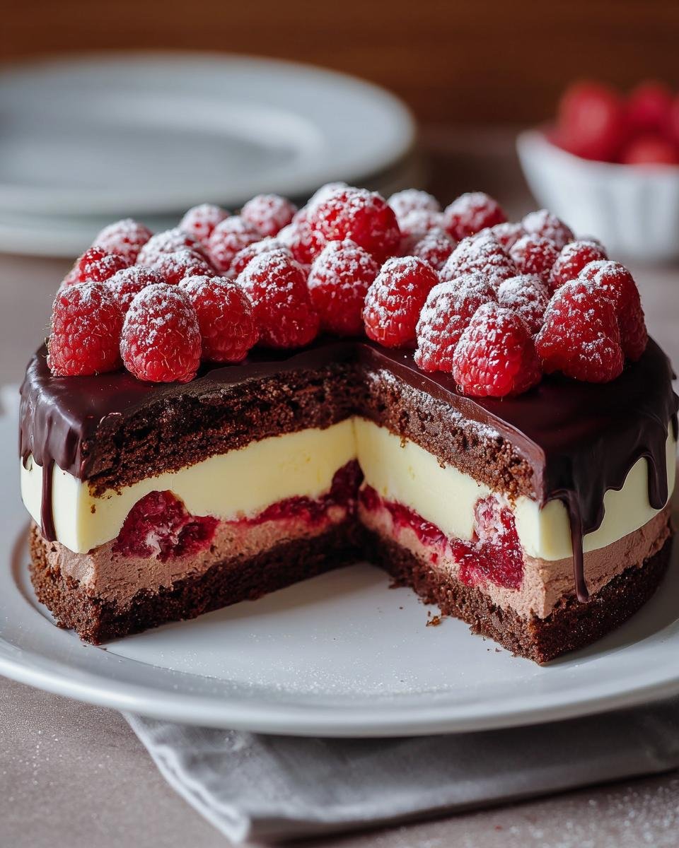 Gâteau Chocolat Blanc Framboise Facile, coupé pour montrer les couches de chocolat, crème blanche et framboises.