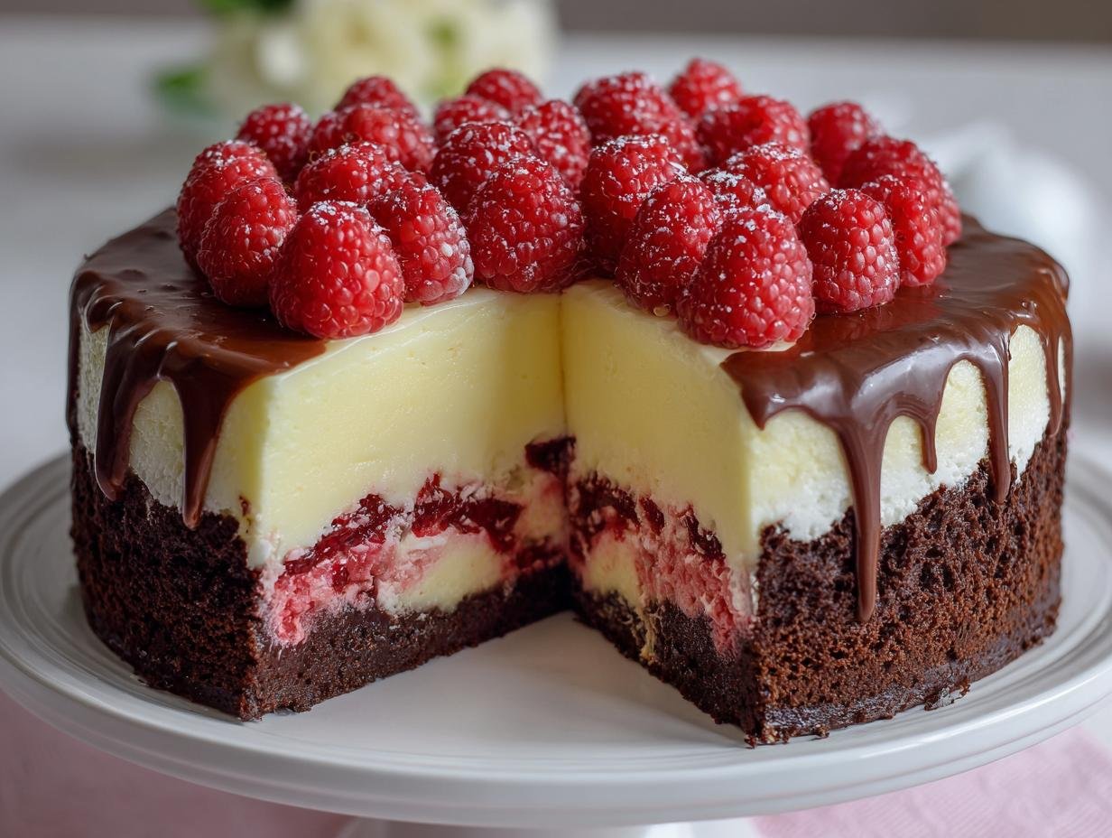 Gros plan d'une tranche de Gâteau Chocolat Blanc Framboise Facile, garni de framboises fraîches et de glaçage au chocolat.