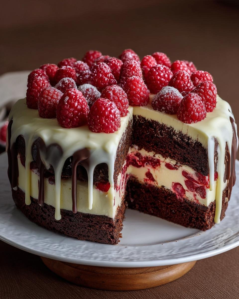 Gros plan d'une tranche de gâteau chocolat blanc framboise facile, révélant les couches de génoise au chocolat, crème et framboises.