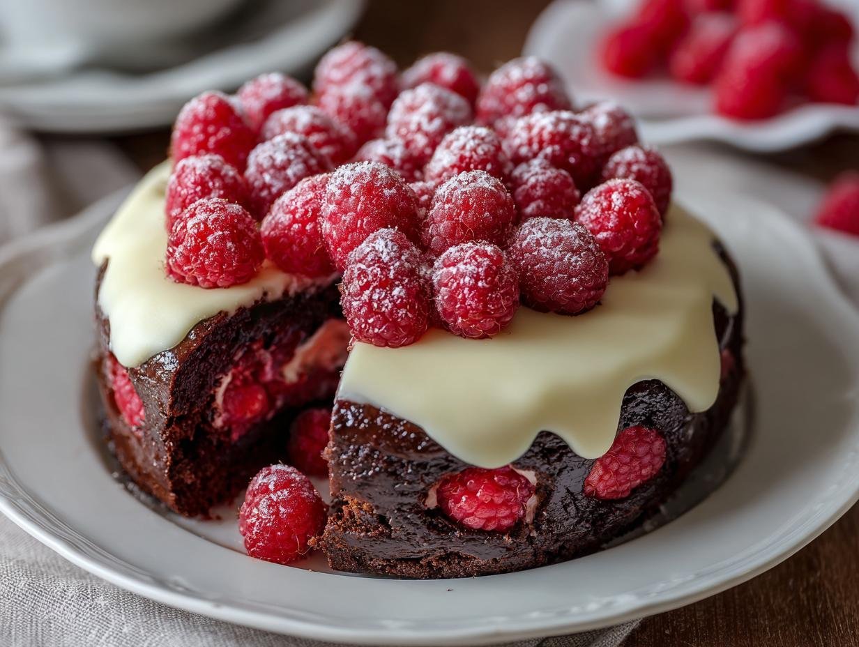 Gâteau Chocolat Blanc Framboises : 1 délice divin 3 Gros plan d'une part de Gâteau Chocolat Blanc Framboises, avec des framboises fraîches et du chocolat blanc.