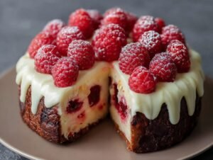 Gâteau Chocolat Blanc Framboises coupé en deux, révélant les framboises et le glaçage blanc.