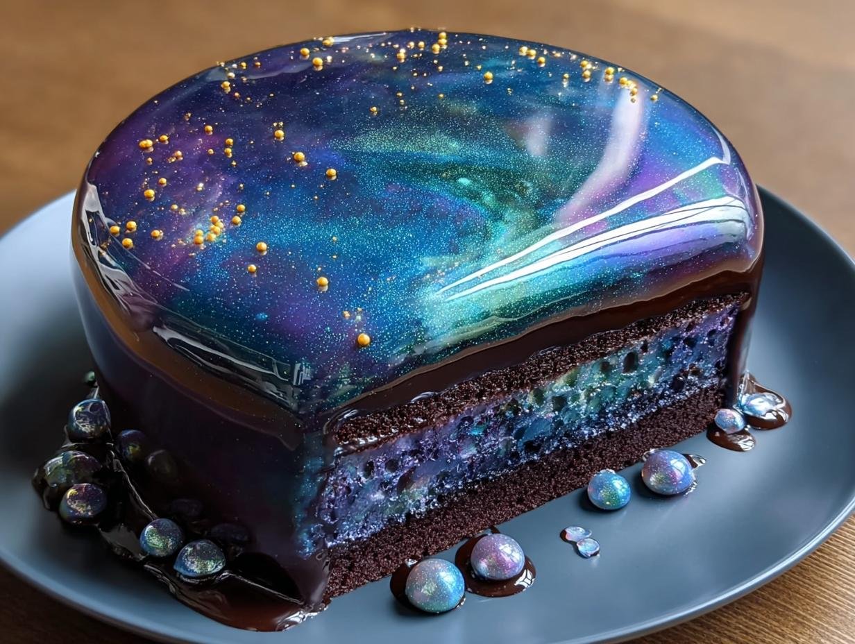 Gâteau Galaxy Mirror Glaze spectaculaire avec un glaçage miroir bleu et violet, décoré de paillettes dorées.