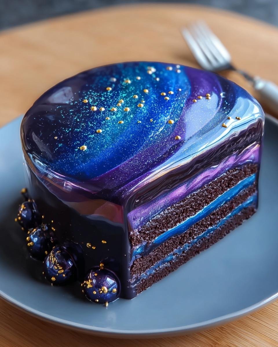 Gâteau Galaxy Mirror Glaze : 1 recette magique 1 Gâteau Galaxy Mirror Glaze coupé en tranche, révélant des couches de chocolat et de crème bleue, décoré de billes dorées.