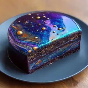 Gros plan d'une tranche de Gâteau Galaxy Mirror Glaze avec un glaçage miroir aux couleurs de l'espace et des perles dorées.