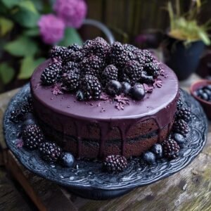 Gâteau Gothique aux Mûres somptueux, couvert de mûres fraîches et d'un glaçage violet profond.