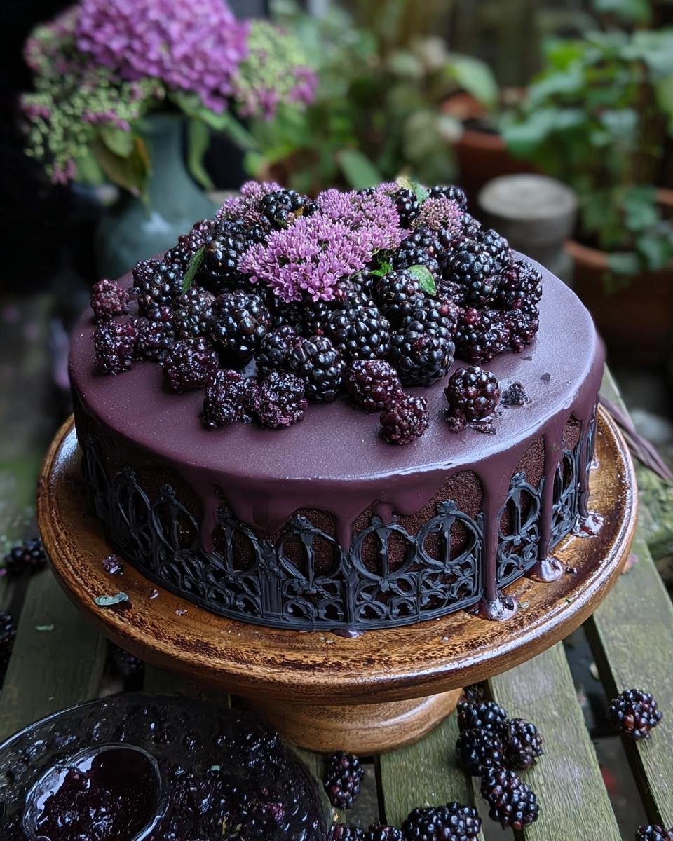 Gâteau Gothique aux Mûres : 1 recette sombre et divine 2 Gâteau Gothique aux Mûres richement décoré de mûres fraîches et de fleurs violettes, avec un glaçage sombre.