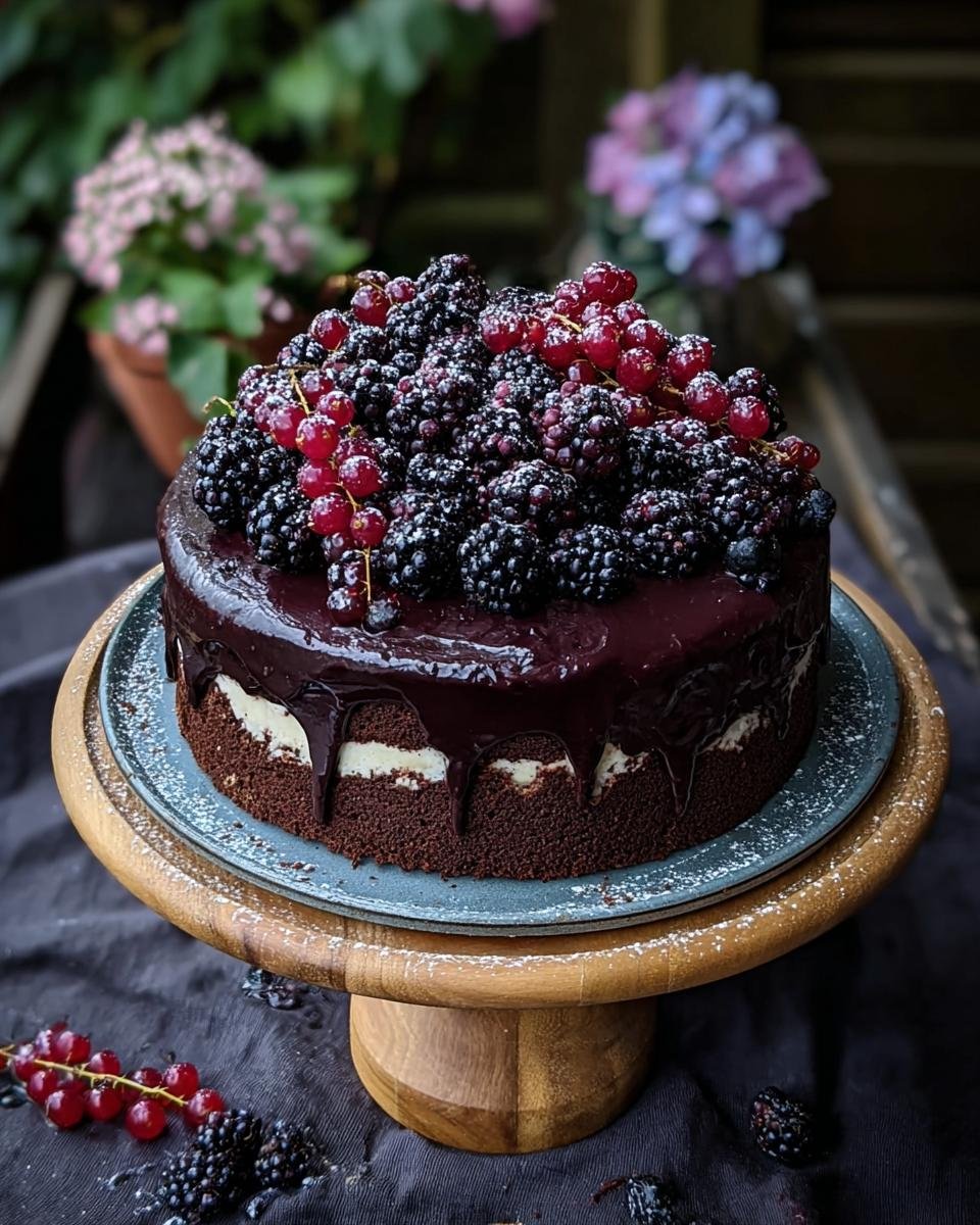 Gâteau Gothique aux Mûres : 1 recette sombre et divine 1 Gâteau Gothique aux Mûres, richement décoré de fruits des bois frais et de glaçage chocolaté.