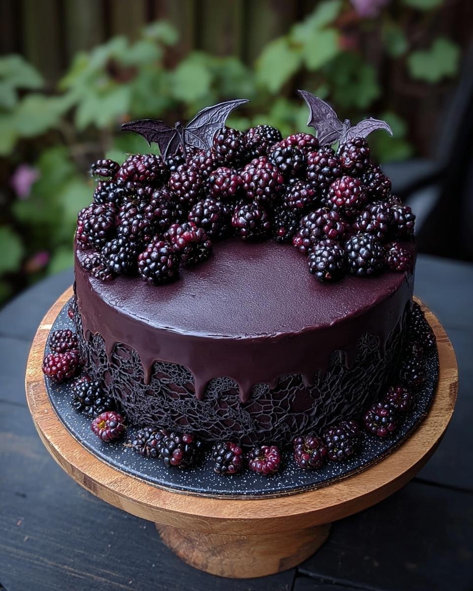 Gâteau Gothique aux Mûres : 1 recette sombre et divine 3 Gâteau Gothique aux Mûres, décoré de mûres fraîches, de chauves-souris en chocolat et d'un glaçage miroir sombre.